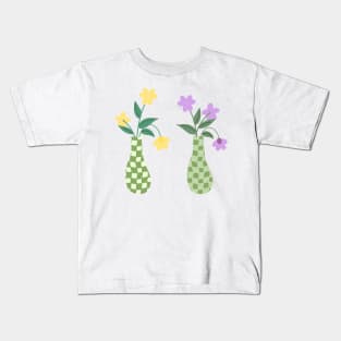 Pair of Green Checkered Vases with Yellow and Purple Flowers Kids T-Shirt